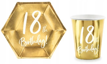 Zestaw ZŁOTY 18 Urodziny Talerzyki Kubeczki 12szt