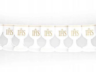 Girlanda BIAŁA komunijna na komunię ZŁOTE KIELICHY IHS papierowa 17x300cm