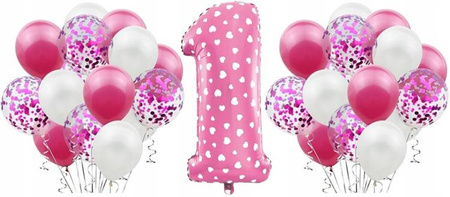 Zestaw RÓŻOWY na 1 URODZINY BALONY biały konfetti