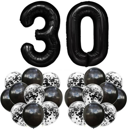 Zestaw CZARNY BALONY na 30 URODZINY 100cm konfetti