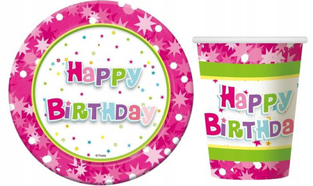 Zestaw RÓŻ HAPPY BIRTHDAY Talerzyki Kubeczki 12szt