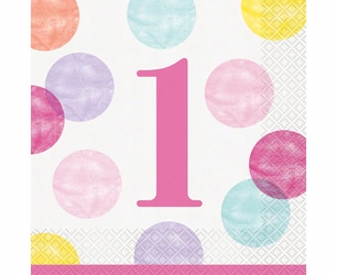 Serwetki różowe kropki na roczek Pierwsze 1 urodziny dla Dziewczynki 16szt