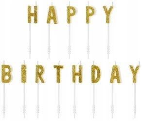 Świeczki HAPPY BIRTHDAY na urodziny ZŁOTE tort