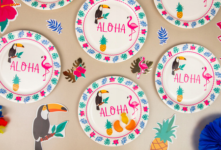 Zestaw Talerzyki Kubeczki Aloha Hawajskie na Urodziny Roczek Party 12szt