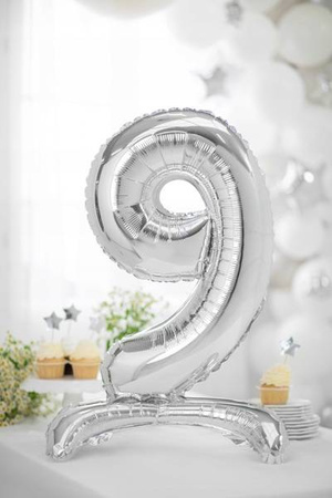 Stojący balon folia Cyfra 9 SREBRNY 90cm urodziny