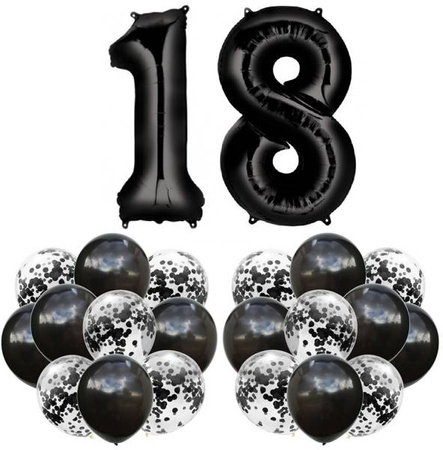 Zestaw CZARNY BALONY na 18 URODZINY 100cm konfetti
