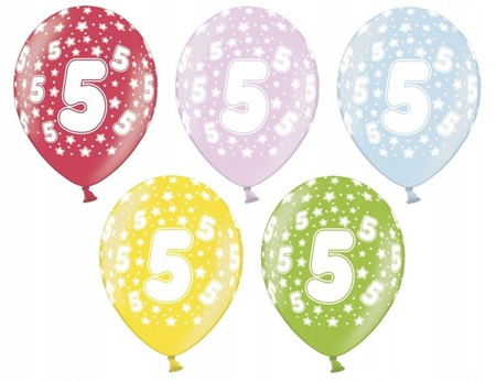 Balony PIĄTKA 36cm na 5 urodziny 5szt. mix kolorów