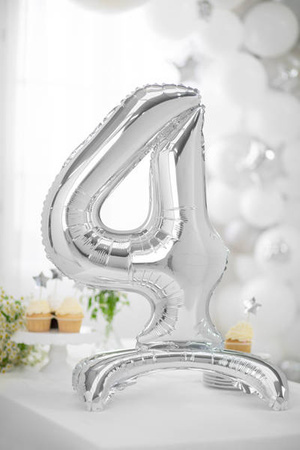 Stojący balon folia Cyfra 4 SREBRNY 90cm urodziny