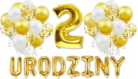 Zestaw ZŁOTY BALONY na 2 URODZINY białe konfetti