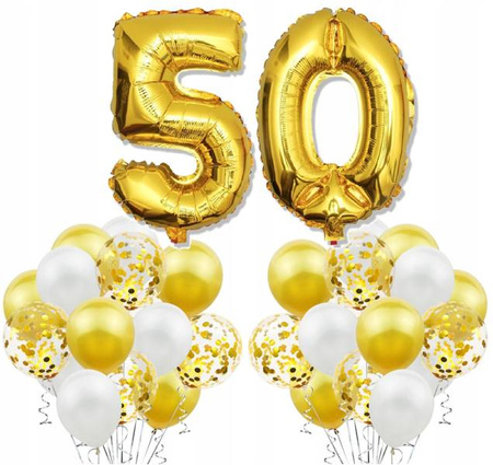 Zestaw ZŁOTE BALONY na 50 URODZINY białe konfetti