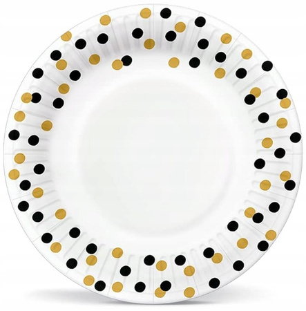 Talerzyki Białe z Konfetti Czarne Złote na Urodziny Gold-Black 23cm 8szt
