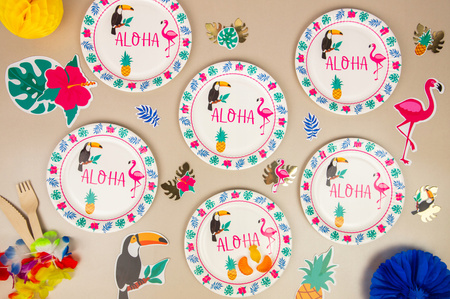 Zestaw Talerzyki Kubeczki Aloha Hawajskie na Urodziny Roczek Party 12szt