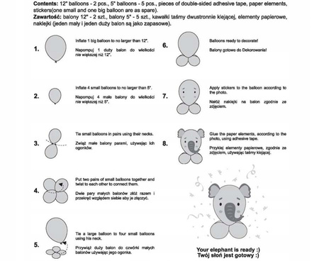 Zestaw balonów Urocze Zwierzątka SŁONIK na urodziny roczek kreatywny 7szt
