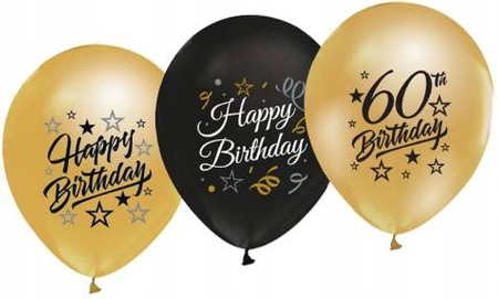 Balony złote czarne HAPPY BIRTHDAY na 60 urodziny