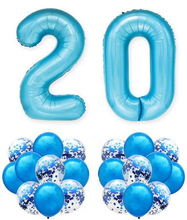 Zestaw NIEBIESKI na 20 URODZINY 100cm DUŻE balony