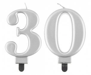 Świeczka SREBRNA cyfra na 30 urodziny tort GLAMOUR