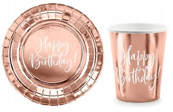 Zestaw RÓŻOWE ZŁOTO HAPPY Talerzyki Kubeczki 12szt
