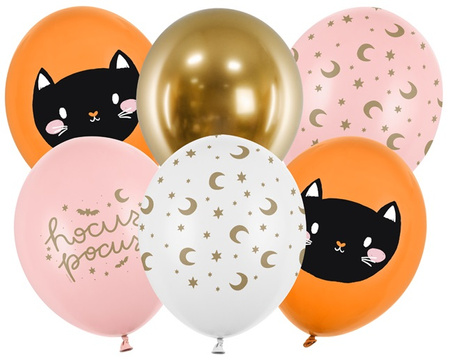 Balony Hocus Pocus Pomarańczowe Różowe Złote Białe Kotki na Halloween 6szt