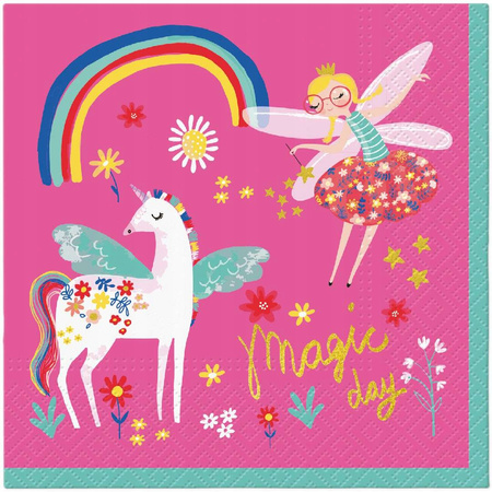 Serwetki Różowe Wróżka Jednorożec na urodziny roczek Fairy Unicorn 33cm x20