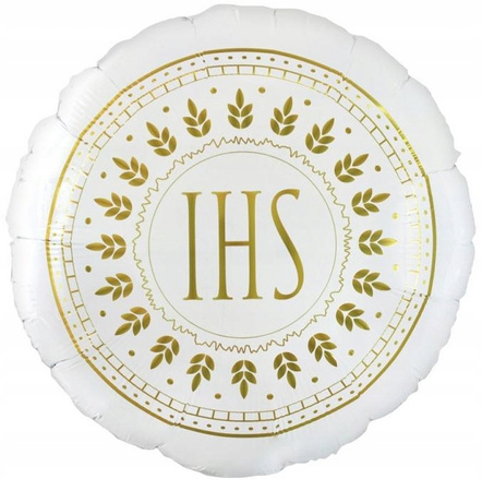 Balon foliowy IHS biały na PIERWSZĄ KOMUNIĘ ŚWIĘTĄ złoty nadruk hostia 46cm