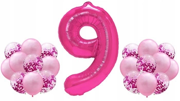 Zestaw RÓŻOWY na 9 URODZINY 100cm balony konfetti