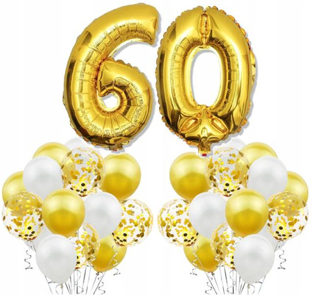 Zestaw ZŁOTE BALONY na 60 URODZINY białe konfetti