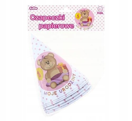 Czapeczki Moje 1 Urodziny RÓŻOWE papierowe 6szt.