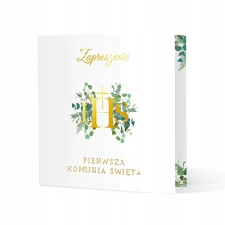 Zaproszenia na PIERWSZĄ KOMUNIĘ świętą ZŁOTY IHS z kopertami EUKALIPTUS x10