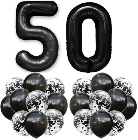 Zestaw CZARNY BALONY na 50 URODZINY 100cm konfetti