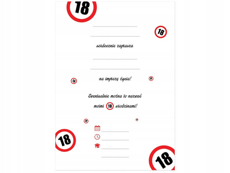 Zaproszenia na 18 urodziny ZNAK ZAKAZU koperty 6sz