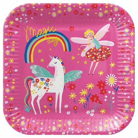 Talerzyki Kwadratowe Różowe Jednorożec Wróżka Roczek Fairy Unicorn 23cm 8sz