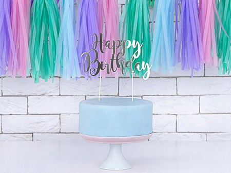 TOPPER na tort HAPPY BIRTHDAY SREBRNY 22cm ROCZEK