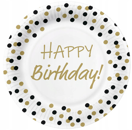 Talerzyki Białe z Konfetti Czarne Złote Happy Birthday Gold-Black 23cm 8szt