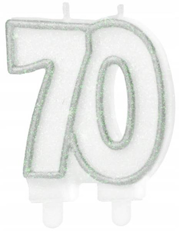 Świeczka SREBRNA BROKATOWA 70 urodziny tort cyfra