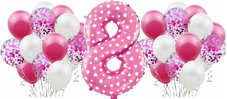 Zestaw RÓŻOWY na 8 URODZINY BALONY biały konfetti