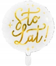 Balon foliowy biały STO LAT! okrągły złoty 35cm