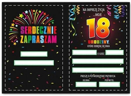 Zaproszenia CZARNE 18 urodziny osiemnastka 10szt