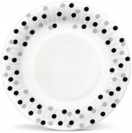 Talerzyki Białe z Konfetti Czarne Srebrne na Urodziny Silver-Black 23cm 8sz