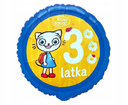Duży Balon Foliowy Kicia Kocia Trzy Latka na 3 Trzecie Urodziny Kotek 46cm