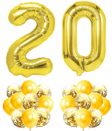 Zestaw ZŁOTY na 20 URODZINY 100cm balony konfetti