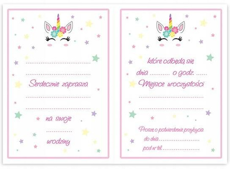Zaproszenia TĘCZOWY JEDNOROŻEC na URODZINY 10szt.