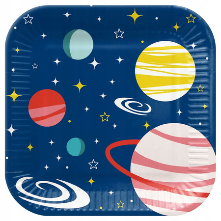 Talerzyki Niebieskie Kwadratowe Kosmos Planety na Urodziny Space 23cm 8szt