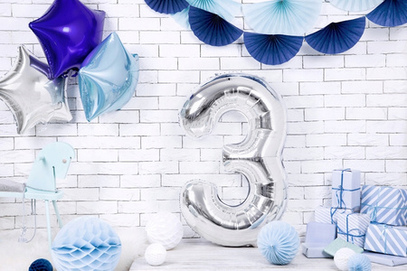 Balon SREBRNY foliowy CYFRA 3 na urodziny jubileusz rocznicę imprezę 100cm