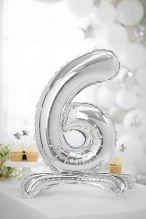 Stojący balon folia Cyfra 6 SREBRNY 90cm urodziny
