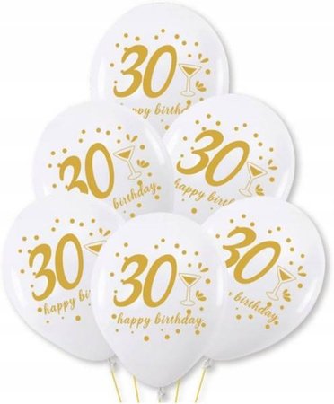 Balony na 30 URODZINY białe złoty nadruk 30cm 6szt