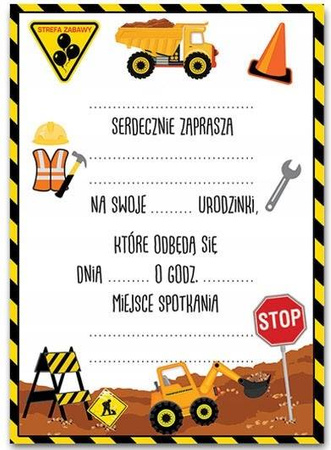 Zaproszenia BUDOWNICZY na URODZINY koparka 10szt