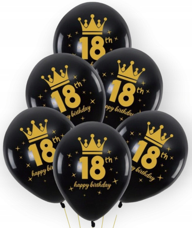 Balony na 18 URODZINY czarne złoty nadruk 30cm 6sz