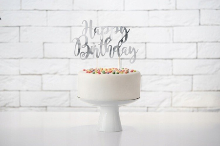 TOPPER na tort HAPPY BIRTHDAY SREBRNY 22cm ROCZEK