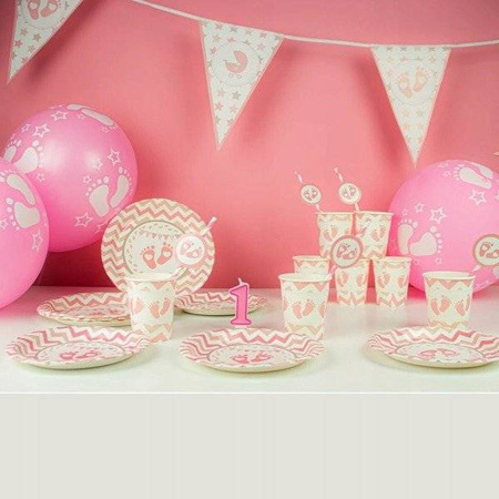 Kubeczki STÓPKI różowe na BABY SHOWER roczek 6szt