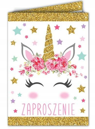 Zaproszenia ZŁOTY BROKAT JEDNOROŻEC URODZINY 10szt